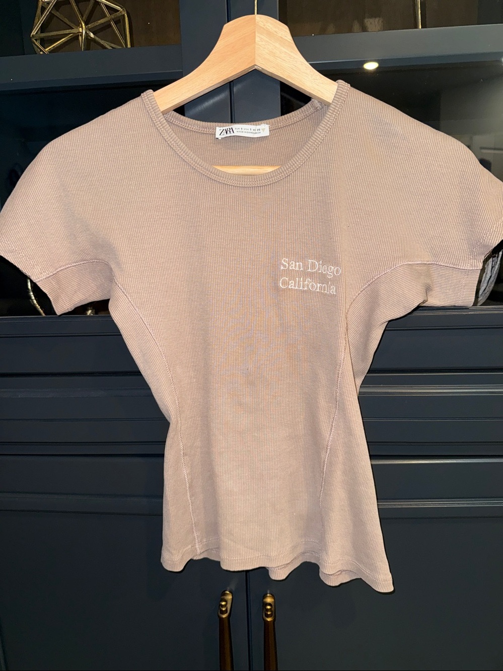 Zara Taupe Ribbed 'San Diego California' Short Sleeve Tee